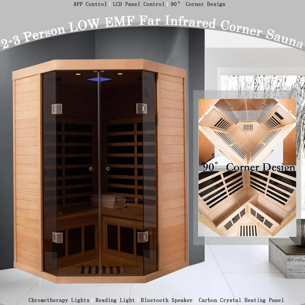2-3 Person Low EMF FAR Infrared Sauna, Hemlock 2 Door Luxury Toughened Glass Indoor Saunas For The Home, 1520w, App & LCD 4