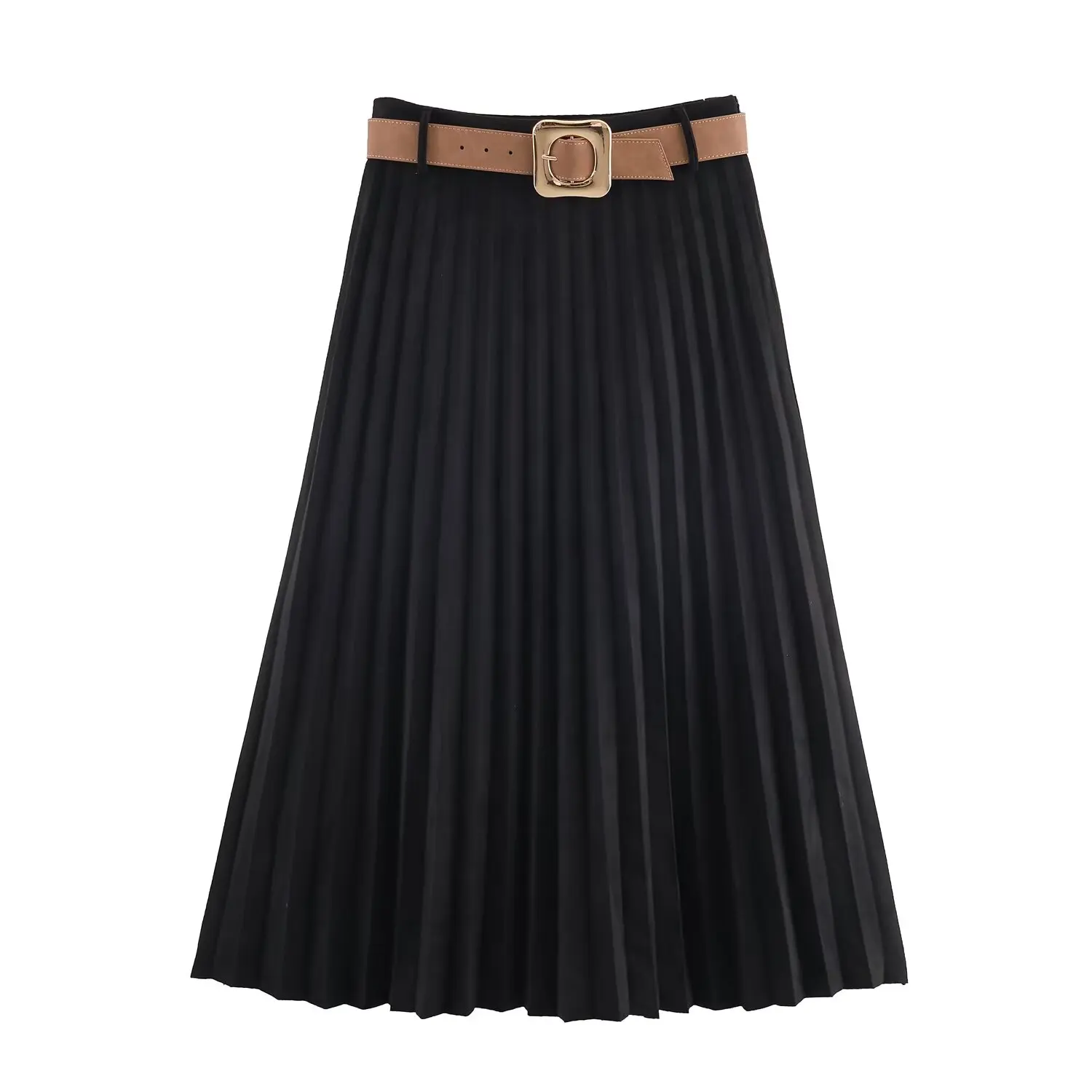 Women's Autumn New Long Skirt Temperament Elegant With Belt Midi Long Skirts Female Solid Pleated Skirt Sagging Sense Streetwear