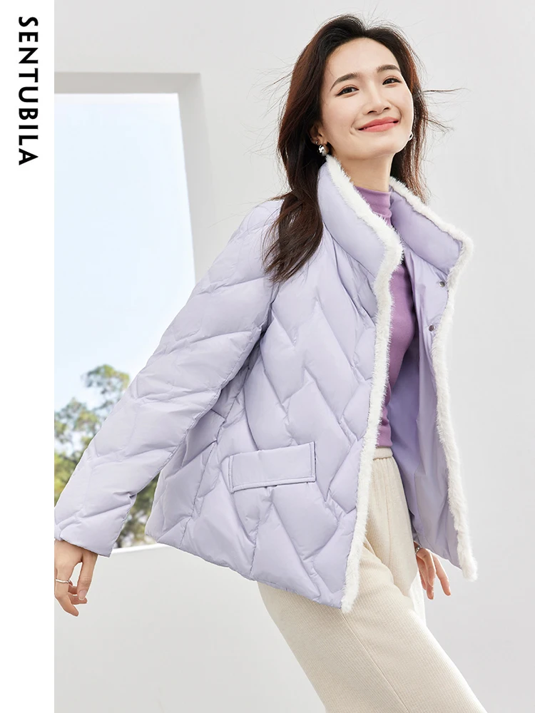 SENTUBILA Women's Crop Down Jacket 2023 Winter White Duck Stand Collar Chinese Style Short Down Coats Warm Jackets Top W34Y49506