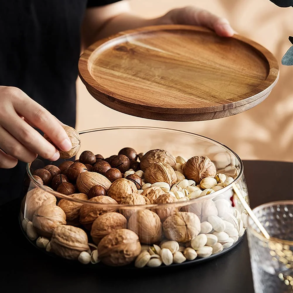 Dishes Glass Bowl Wood Plate Fruit Nut Dried Storage Box Container Candy Storage Box Fruit Tray With Wooden Lid Home Kitchen