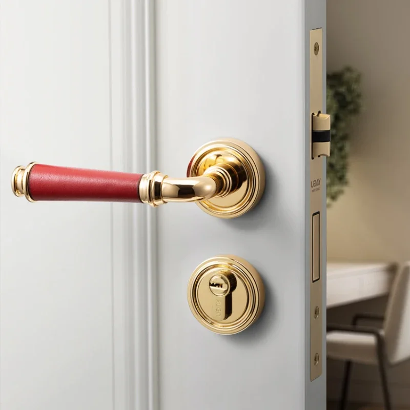 

Door lock indoor bedroom room door lock genuine leather gold European silent magnetic modern wooden door light luxury door