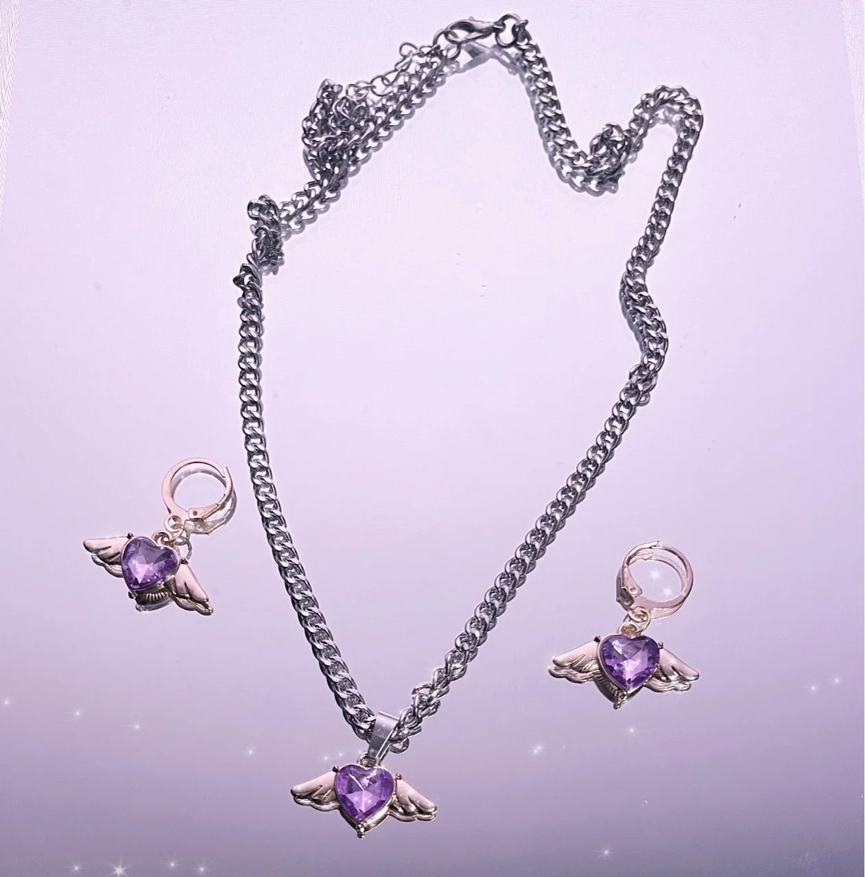 

Angel zircon wing Earrings Necklace Set temperament spring light luxury heart-shaped Earrings simple cold ear clip