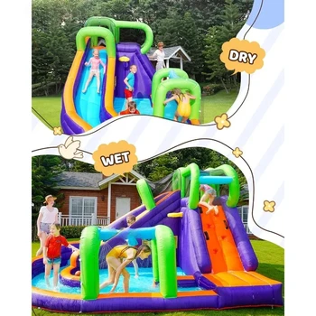 Water Slide Inflatable Bounce House for Kids with Blower Family Backyard Bouncy Castle Fun Doorway Tunnel Climbing Wall 5
