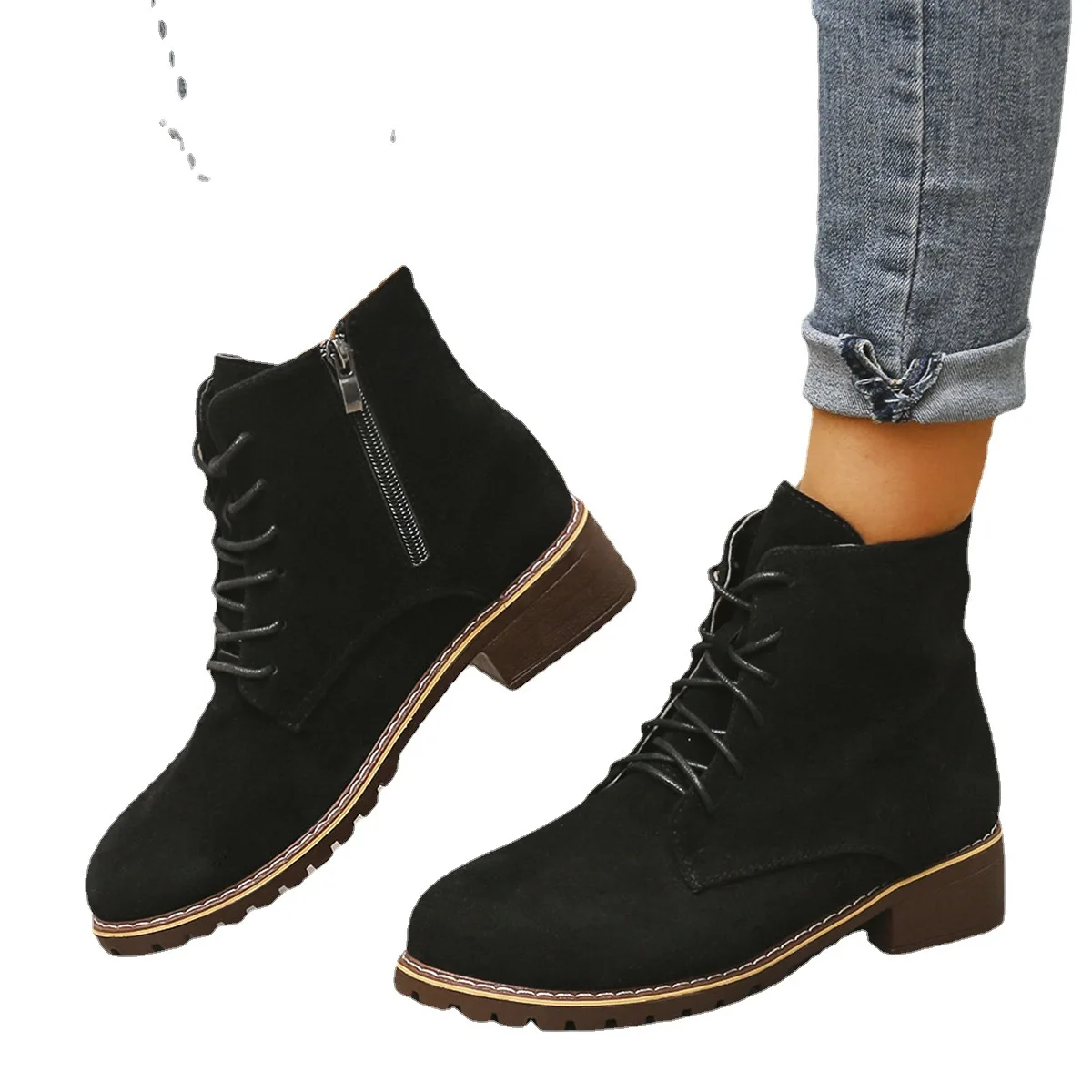 HerStyle Arlo- Low Stacked Heel Almond Toe Casual Ankle Booties (Black)