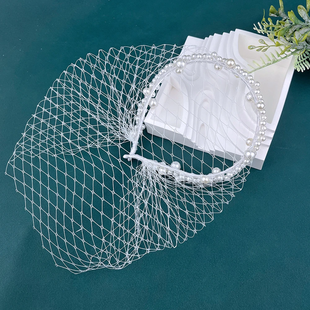 JM26 Tüllkäfigschleier mit Perlen Hochzeit Vogelkäfigschleier mit Stirnband Gesichtsbedeckung Braut Kopfschmuck Hochzeitsaccessoires Mariage – Detail 2