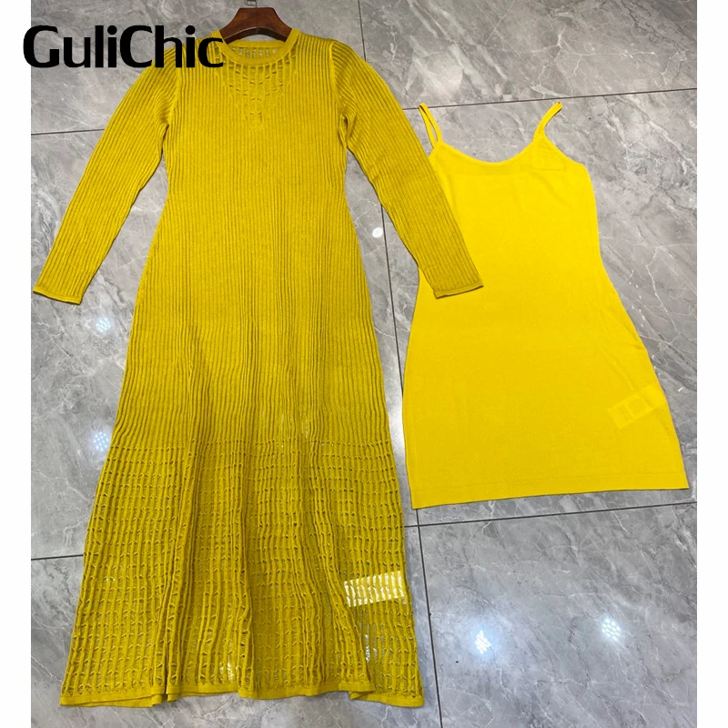 

9.15 GuliChic Women Elegant Crew Neck Long Sleeve Hollow Out Knitted Slim Package Hip Collect Waist Dress With Lining