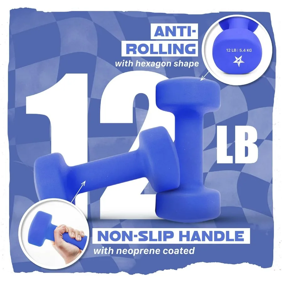 Neoprene Coated Dumbbell Hand Weight Sets of 2 -Vivid Dark Blue - 12lbs - Pair, Anti-roll, Anti-Slip, Hexagon Shape