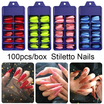 100 Pieces Per Box Black Acrylic New Stiletto Nails Tips Pointed Sharp Full Fake Nails 10 Sizes UV Gel Artificial Press On Nails 1