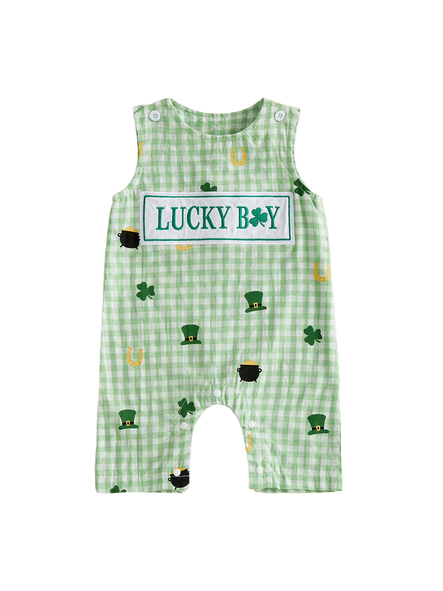 Shamrock Print Baby Boys Rompers with Clover Hat Plaid Buttons and Sleeveless Design - Stylish Infant Bodysuits Overalls from