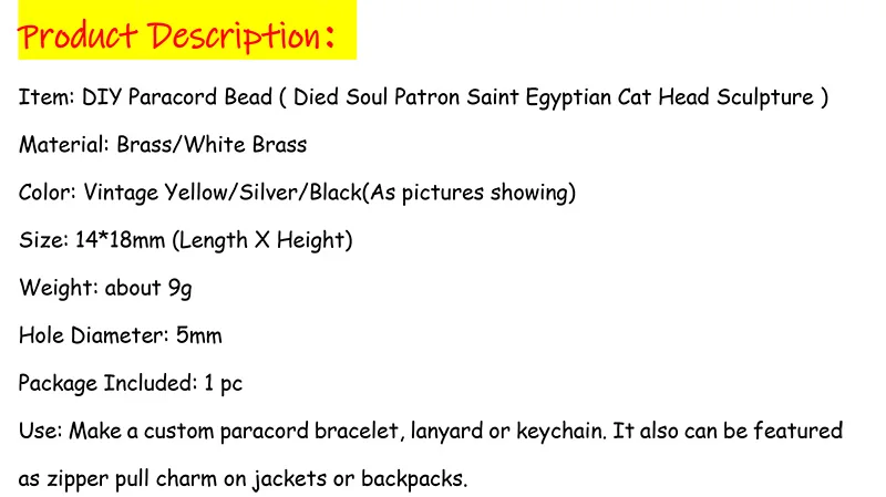Description Picture 2 of itemDied Soul Patron Saint Egyptian Cat Head Sculpture Brass Knife Bead DIY EDC Outdoor Paracord Lanyard Pendant Jewelry Accessories