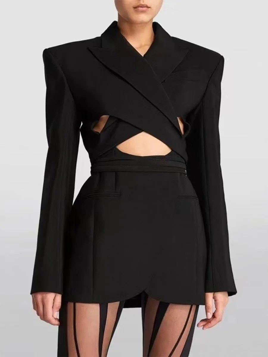 

Black Women Suits 1 Piece Blazer Prom Dress Sexy Hollow Cross Fashion Short Mini Skirt Jacket Hot Girl Coat Spring Fall Outfit