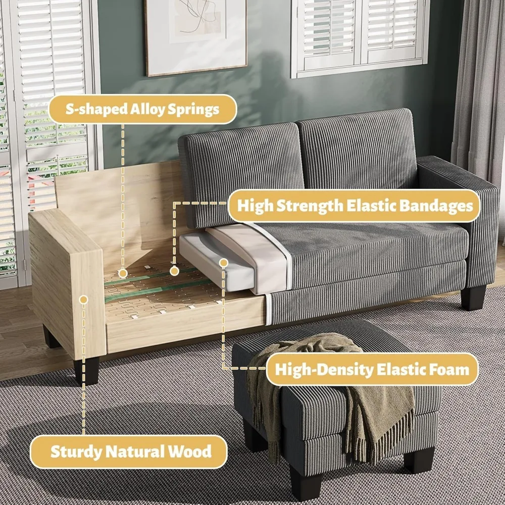 Sectional Sofa Couch, 3 seat L-Shaped Small Sofa with Movable Ottoman Couch for Apartments,(Corduroy, Grey) Children's Sofas 4