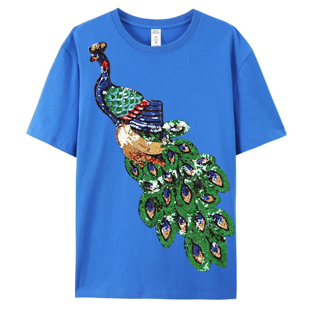 Women's Cotton T Shirts Short Sleeve Peacock Sequins Top For