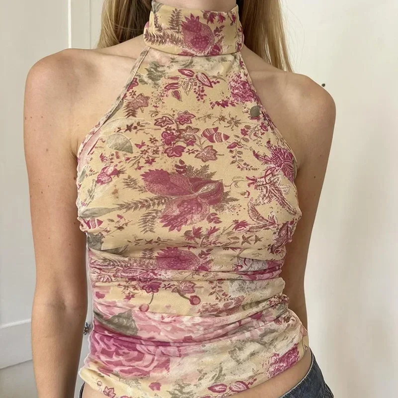 

Sexy Slim Backless O-Neck Sleeveless Tank Tops Vintage Floral Halter Crop Top Women 2024 Summer Fashion Streetwear Lady