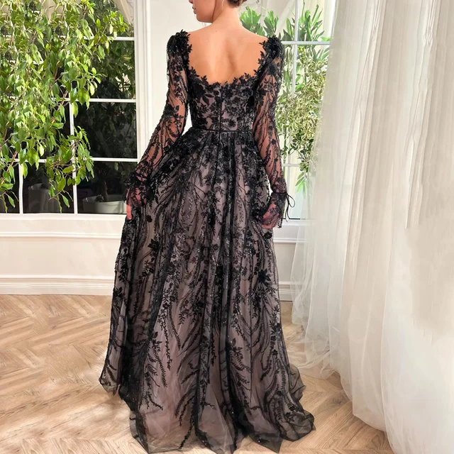 Elegant Formal Long Gowns With Sleeves Black Dress Long Ballroom Prom  Dresses Lace Beaded Long Sleeves
