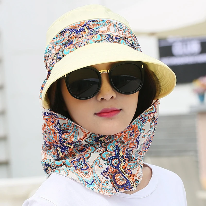 Women Anti-UV Sun Hat Beach Foldable Floral Print Wide Brim