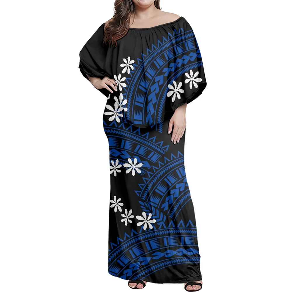 

Women Trendy Party Polynesian Tribal Blue White Samoan Tattoo Tiare Print Hot Sale Lady Off Shoulder Dress With Shawl Ponchos