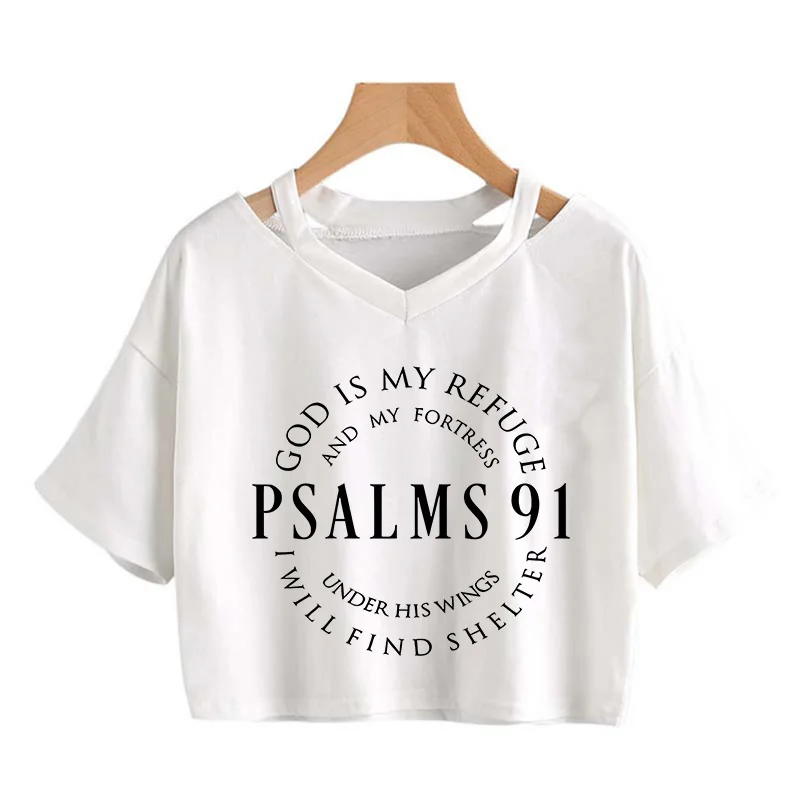 Women's Inspirational Psalms 91 Verse Short Sleeve T-Shirt Sexy Women Croppped T Shirt Graphic Crop Tops Clothes 5