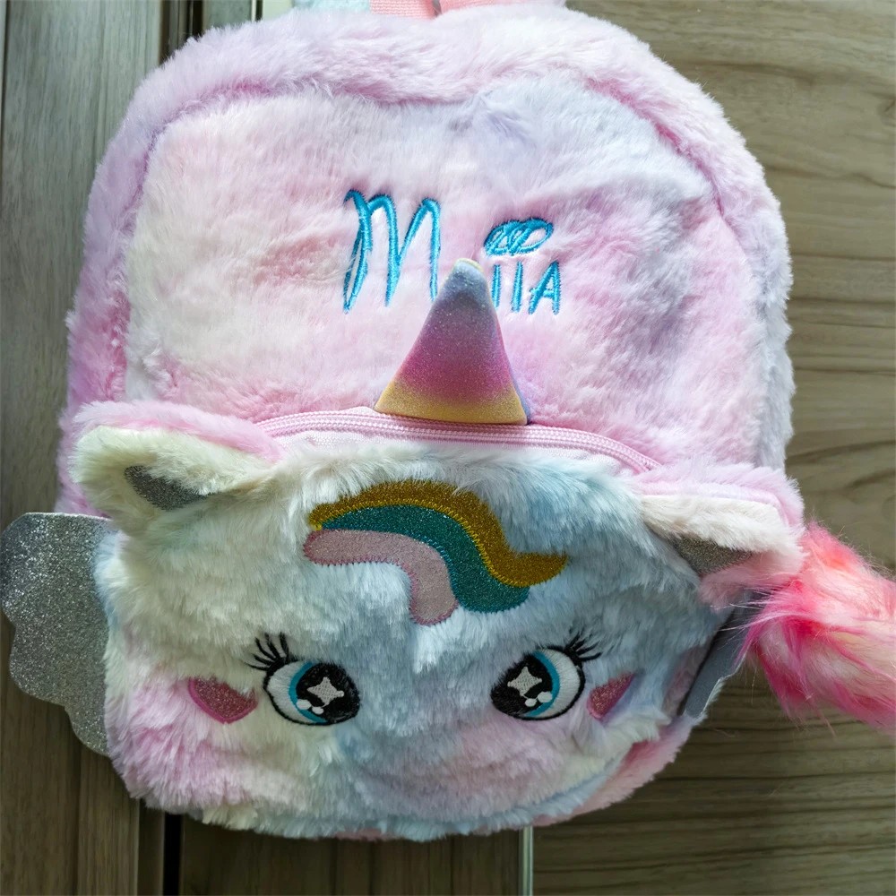 

Personalized Name Plush Unicorn Backpack Kindergarten Girl's Schoolbag Custom Embroidered Big Eyes Unicorn Children's Plush Bags