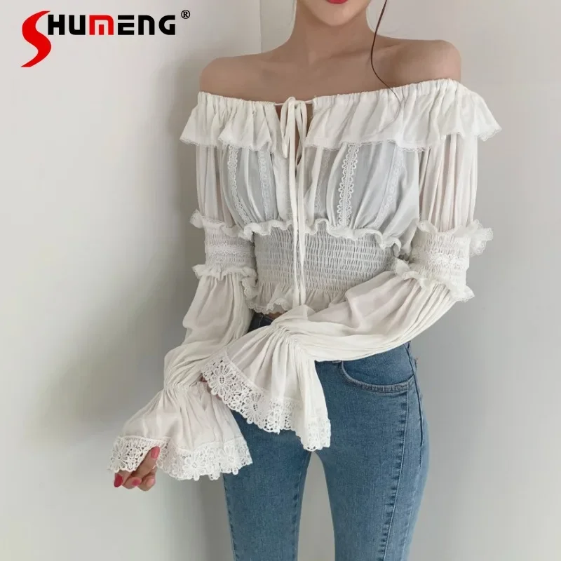 Korean Style Chic Summer New Design Sense Niche Slimming Blouse Heavy Work Off-Shoulder Lace Shirt White Short Top for Women