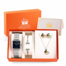 

Elegant Lady Watch Jewelry 4 Pcs Set Exquisite Jewelrys Stainless Steel Strap Luxury Quartz Watches Sets Birthday Gift for Wife