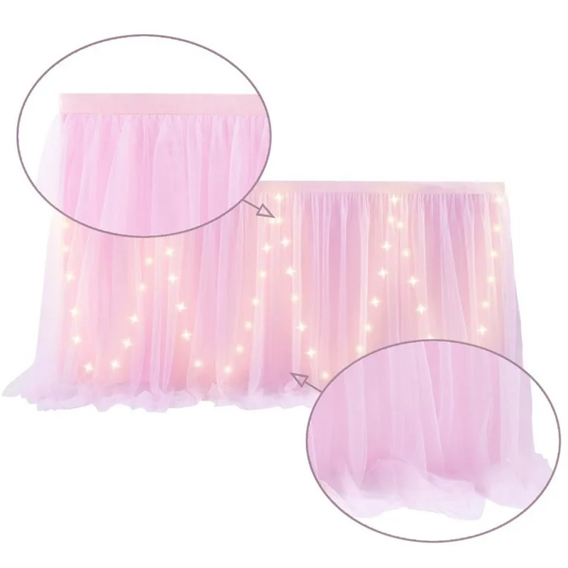 4FT White Tulle Table Skirt with LED Lights Table Cloth for Birthday Party Baby Shower Wedding Bar Home Christmas Decor