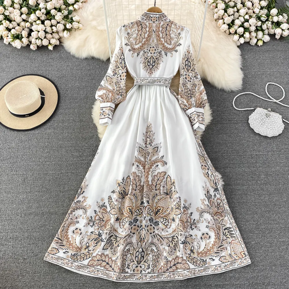 Women Vintage Long Dress Fashion Print A-line Ruffled Elegant Floral Party Dresses Ladies Long Sleeve Casual Long Robe Vestidos