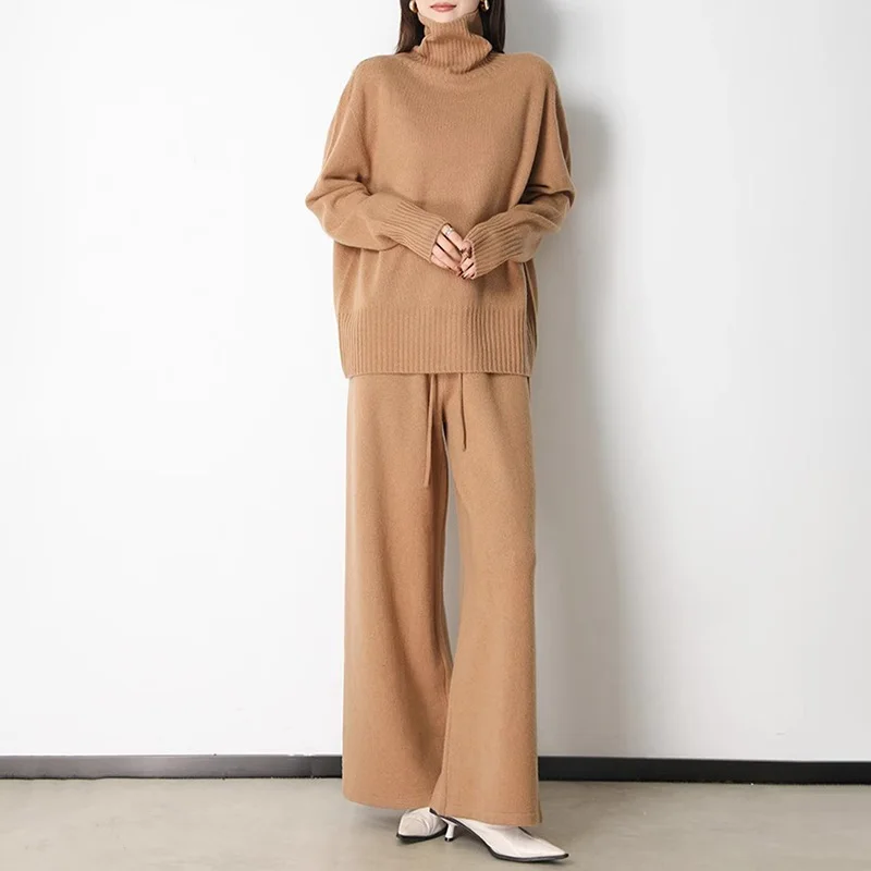 Women's 100% Wool Knitted Sweater Set Lady Fashion High Neck Soft Warm Winter Autumn Tracksuit 3