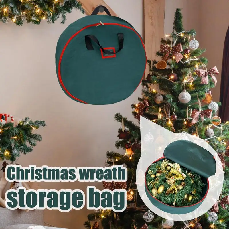 Christmas Tree Bag 60cm Round Foldable Xmas Wreath Storage Bag Large Garland Container Thicken Organizer with Reinforced Handle