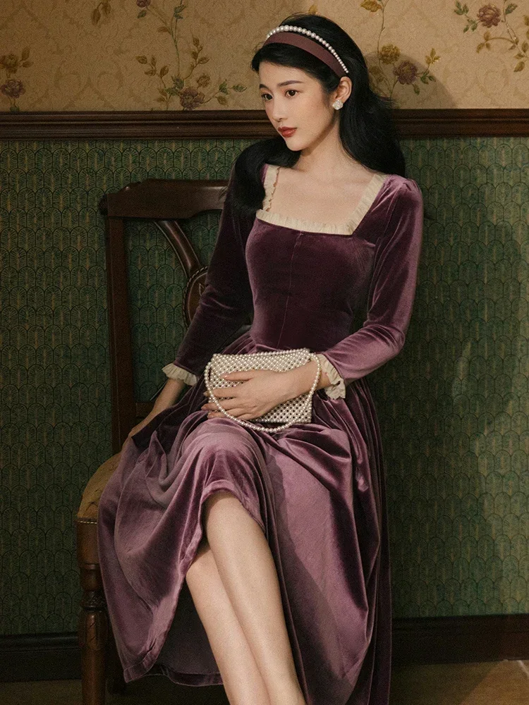 

Vintage Velvet Dress Woman Solid Claret & Purple Color Square Collar Ruffles Elegant Lady Dinner Dresses Retro Vestido Festa