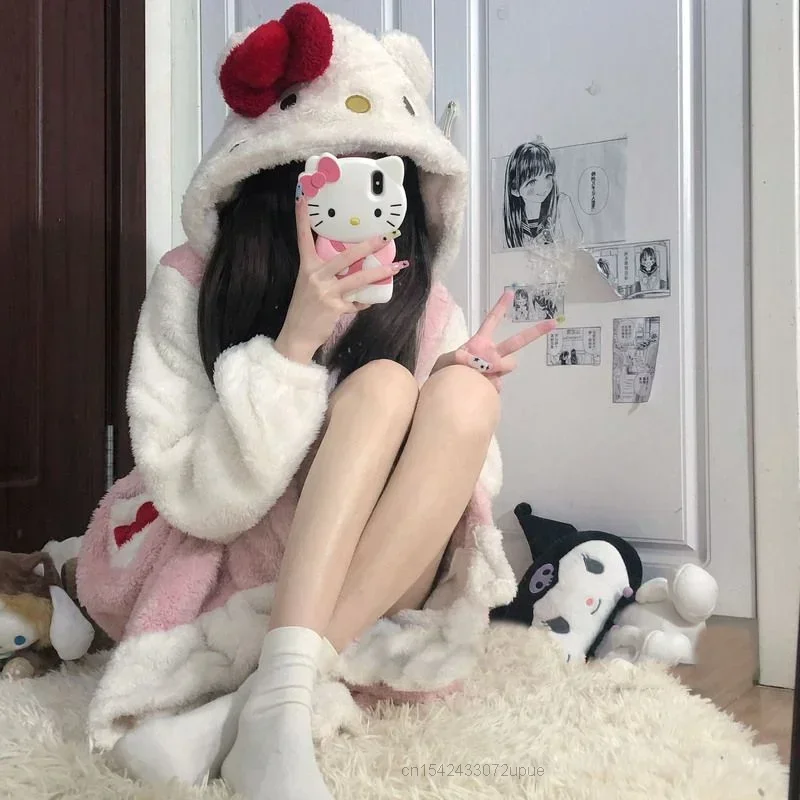 

Sanrios Hello Kitty Cartoon Kawaii New Plush Home Clothes Women Pajamas Robes Hooded Cute Nightgown Fuzzy Long Nightdress Gift