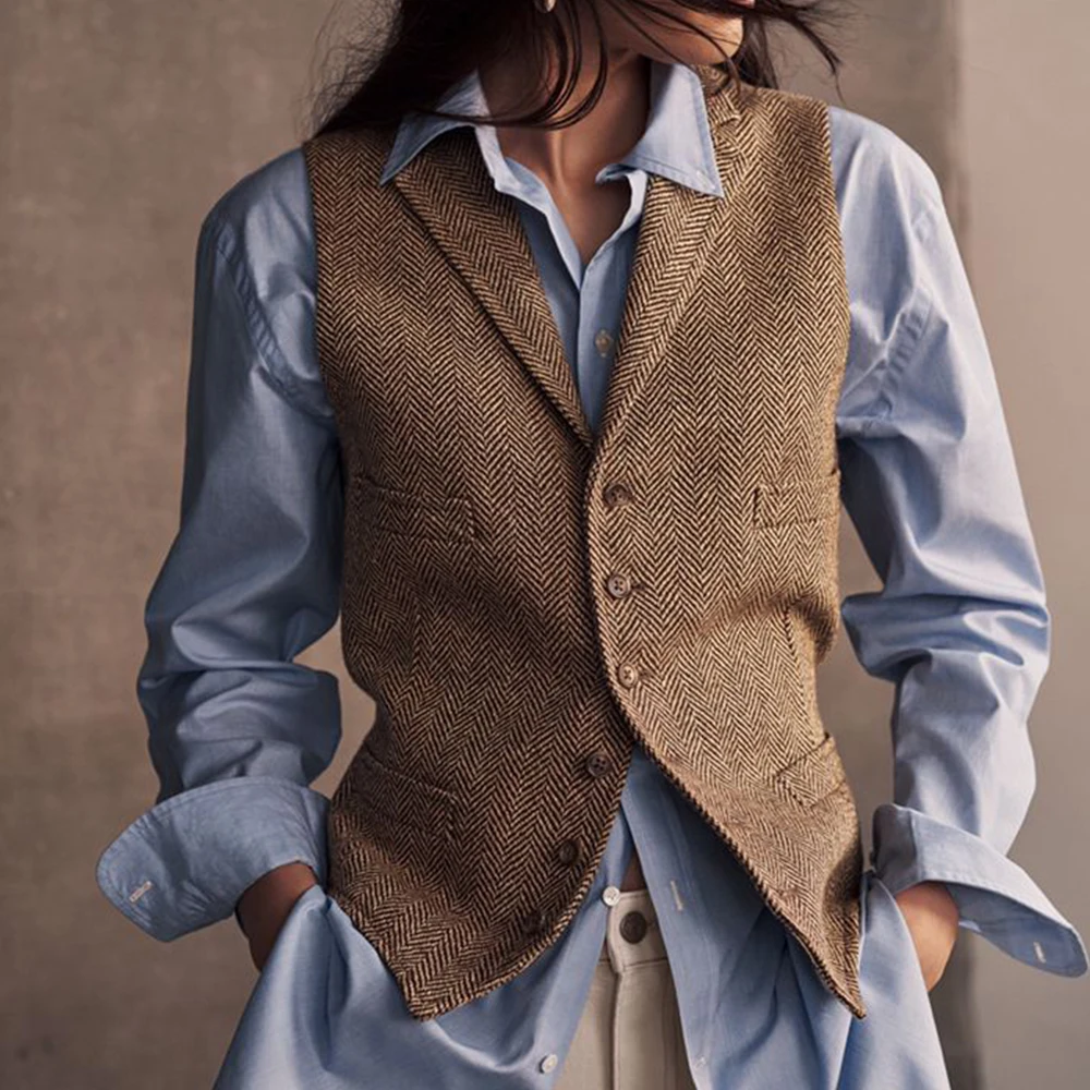 Herringbone Vests for Women Single Breasted Casual Waistcoat Flat Collar Fake Pockets Clothes Coats Jackets Women's Clothing