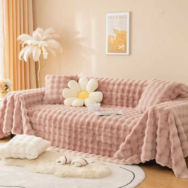 Luxury Faux Fur Sofa Covers for Living Room Warm Winter Super Soft Plush Couch Covers Bubble Shaped Thick Slipcover Sofa Towel 2