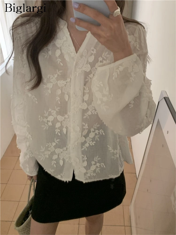 

Блузка женская с цветочной вышивкой, модный прозрачный топ, милая рубашка в Корейском стиле с длинным рукавом, весна-лето