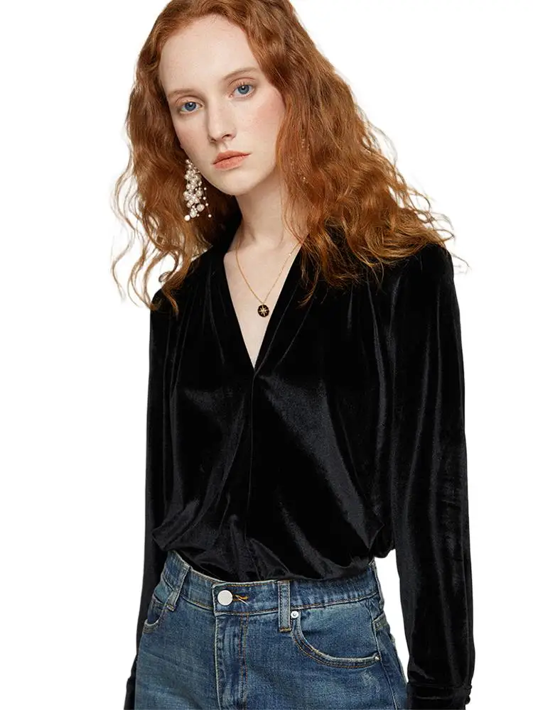 

Plus size Elegant office ladies velour blouse Fashion casual Women's V-neck gold velvet long sleeved shirt Burgundy Black tops
