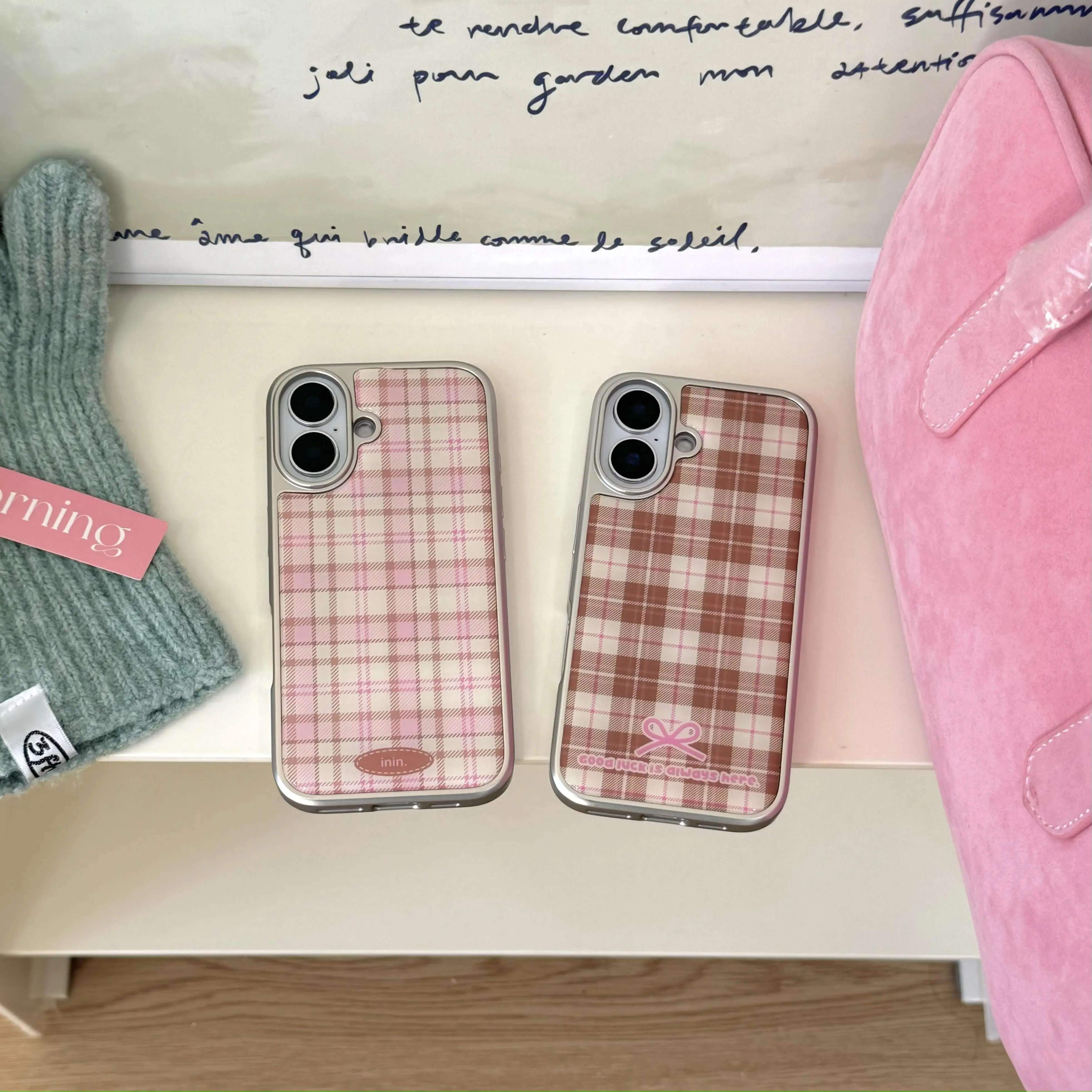 Korean Girly Checker Pattern Silver Border Phone Case with Y2K Resin Design