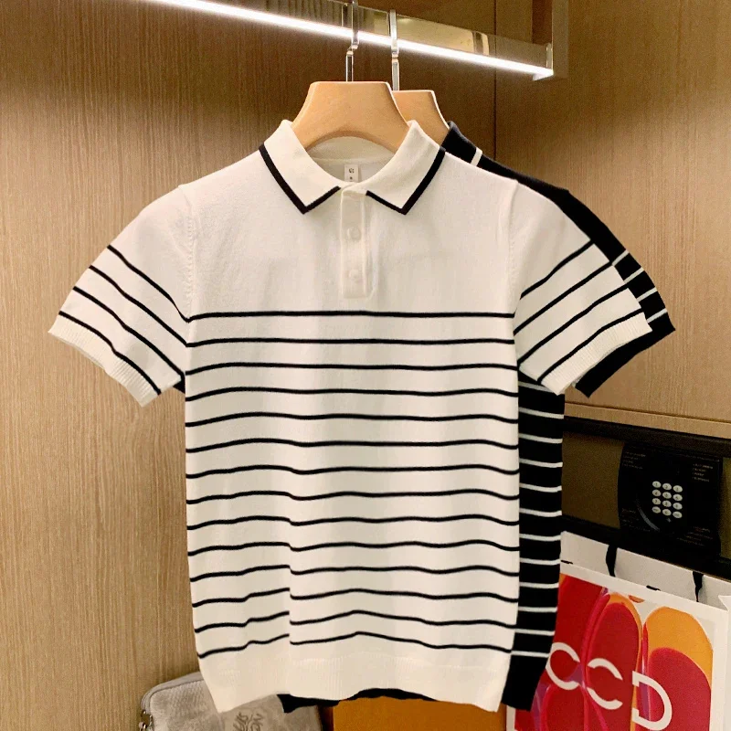 

2023 Vintage Patchwork Knit Slim POLO Shirts Men Fashion Summer Short Sleeve Shirt Casual Lapel Tops Streetwear G89