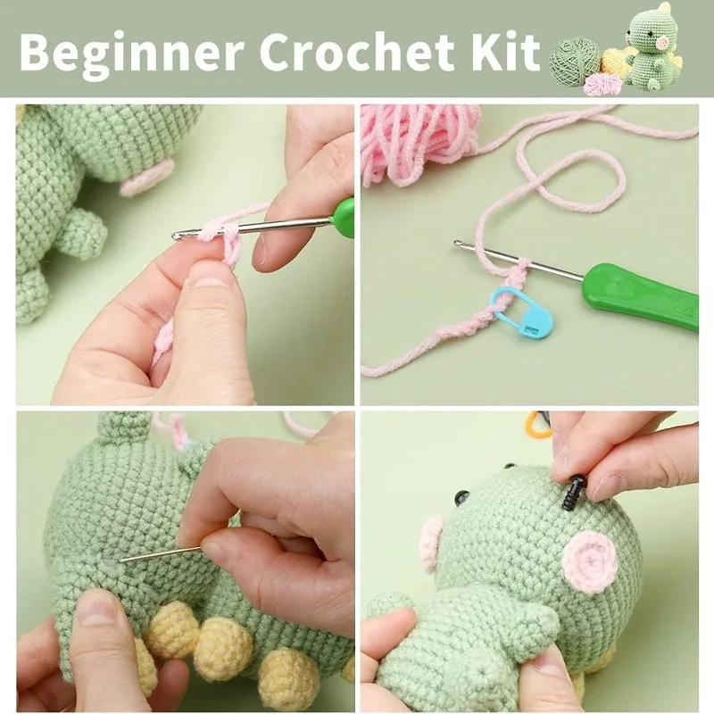 BUDDUR Dinosaur Crochet Knitting Kit Instruction Cotton Yarn Thread Doll Making DIY Handmade Craft Accessories Set