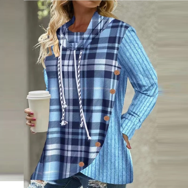 

Women Sexy Plaid Print Spliced Hoodie Autumn Double Neck Drawstring Hooded Top Pullover Winter Long Sleeve Button Rib Sweatshirt