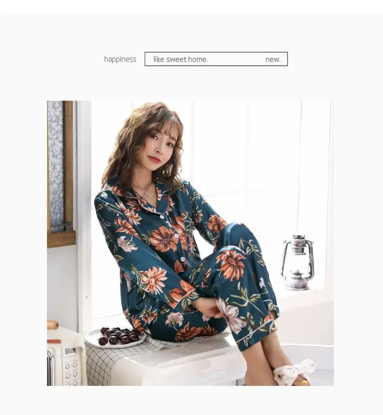 Spring and Autumn Pajamas Women Ice Silk Thin Section Flowers and Plants Long-sleeved Trousers Loose Korean Home Service Suit