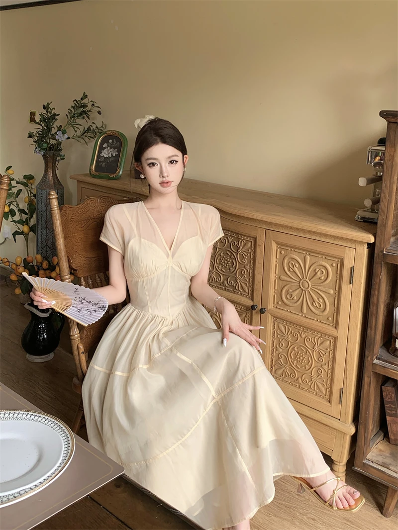 Elegant Long Dresses for Women V-neck A-line Birthday Party Dress French Casual High Waist Summer New Prom Retro Vestidos Mujer