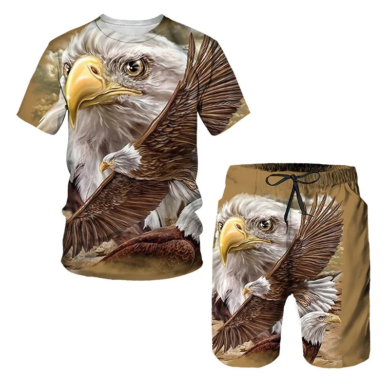 thumbnail image 1 of Nuevo conjunto de verano de manga corta con estampado 3D de águila del Día de la Independencia con relámpagos y arcoíris, conjunto de pantalones de playa de manga corta, 1 of 5