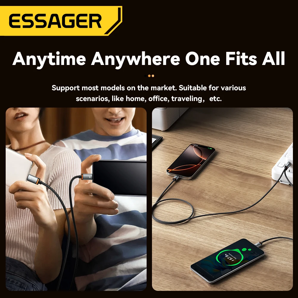 Essager 7A 100W 2 في 1 كابل USB USB نوع C شاحن سري...