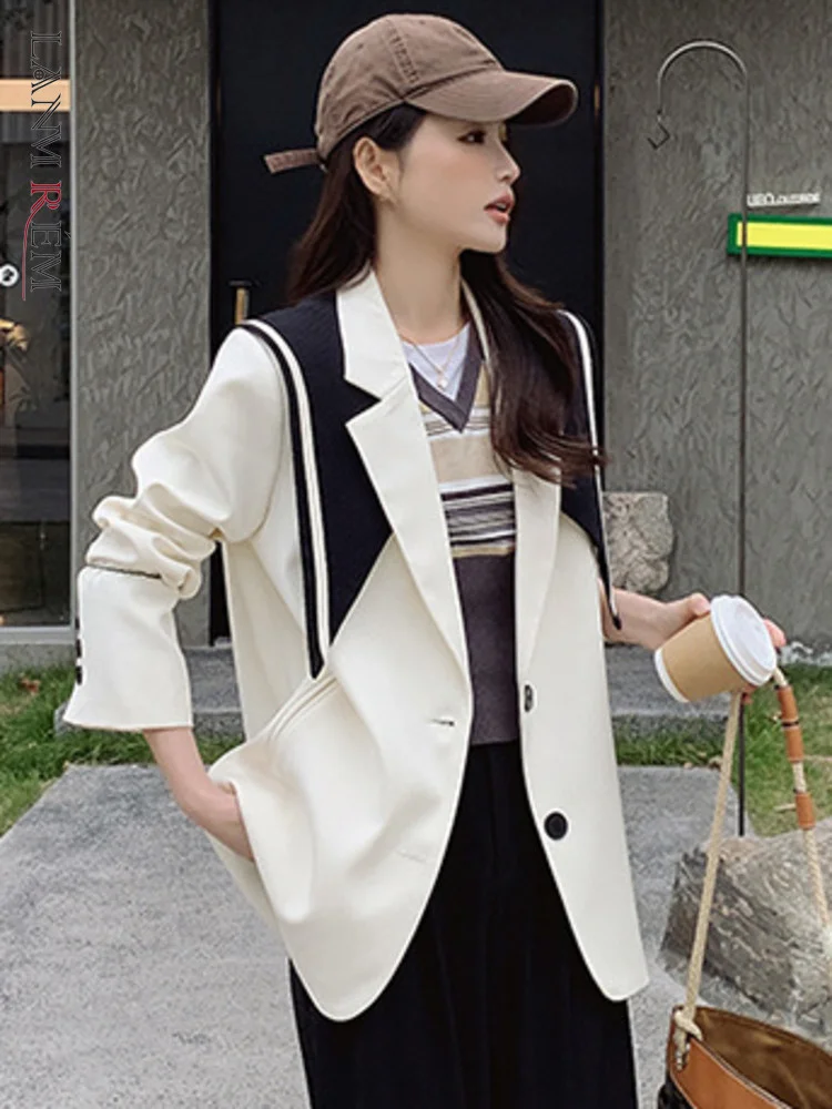 

LANMREM Korean Style Blazers Women Contrast Color Removable Shawl Single Breasted Coat Fashion 2023 Autumn New Clothing 2AA1822