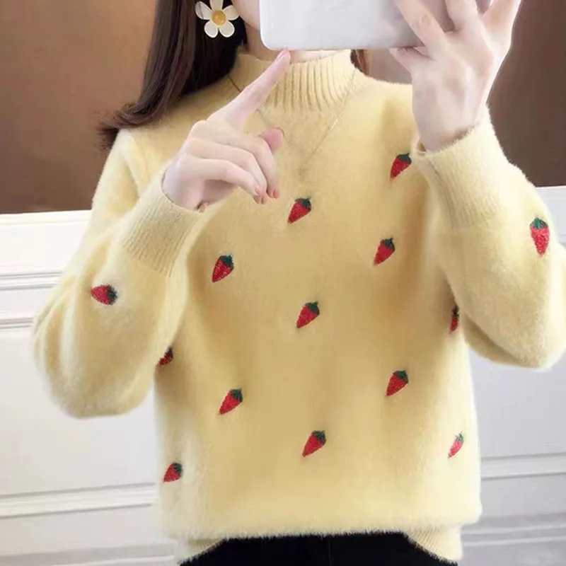 

2023 Autumn Winter Women Loose Sweater Strawberry Embroidery Sweet Half High Collar Sweater Female Thick Casual Pullover Sweater