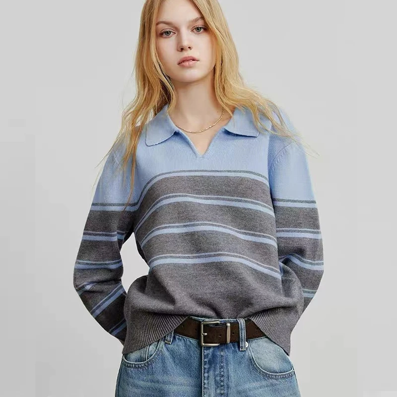 Autumn and Winter New Women's Crew Neck Striped Contrasting Color Long-sleeved Sweater Turn Down Collar Casual Knitwear Top