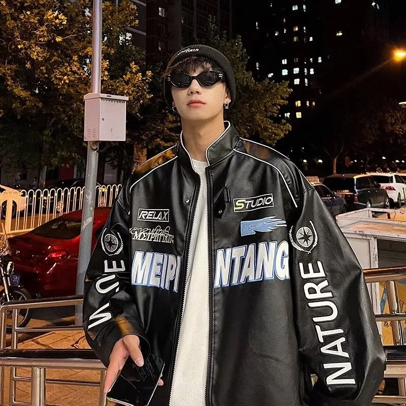 

Spring PU Leather Motorcycle Jacket Men High Street Korean Letter Embroidery Bomber Coat Unisex Varsity Jacket Vintage Outwear