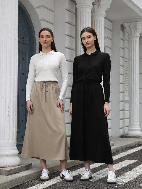 AP 2025 printemps et été femmes col rabattu t-shirt doux dame coton mélange jupe confortable décontracté 1