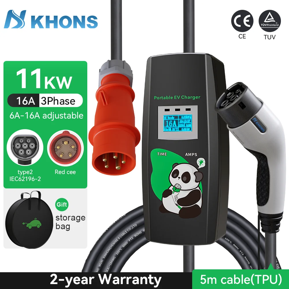 Khons 11KW 16A EV Portable Charger Type2 EVSE Charging Box Three Phase Electric Car Charger 5m Cable