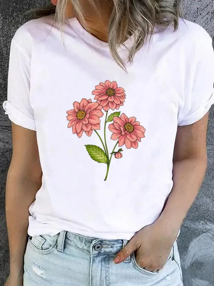 Flower Sweet Trend Cute 90s T-shirt Ladies Fashion Basic Women Graphic Short Sleeve Clothing Tee Top Clothes Print T Shirt